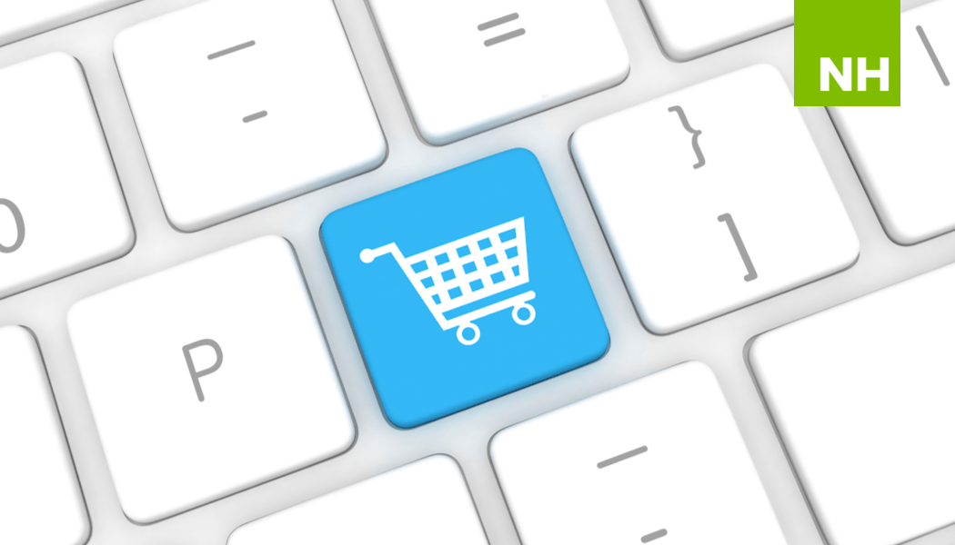 Keyboard with blue ecommerce shopping cart button